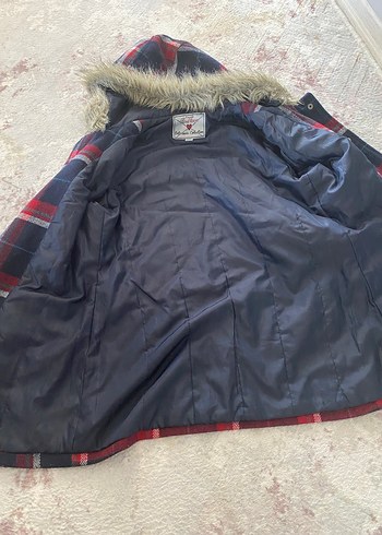 Kapüşonlu Kürklü Ekose Kız Mont - Görsel 3