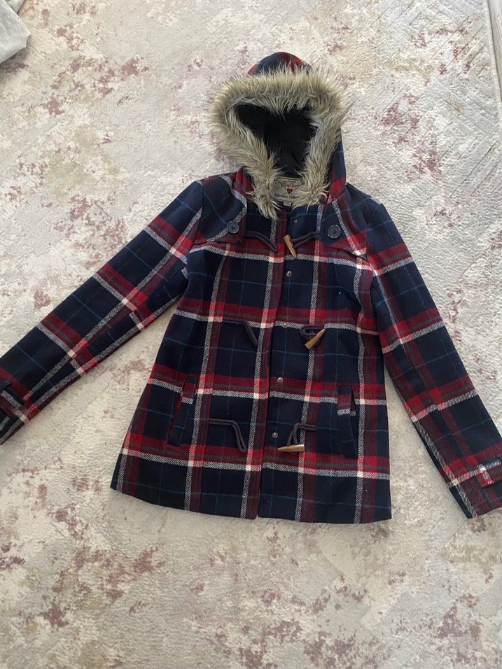 Kapüşonlu Kürklü Ekose Kız Mont - Görsel 2