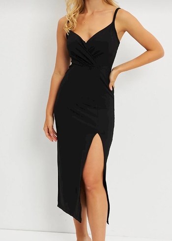 Siyah Uzun Askılı Drapeli Kadın Abiye Elbise - Görsel 3