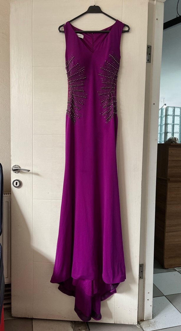 Mor Uzun V Yaka Drapeli Abiye Elbise - Görsel 5