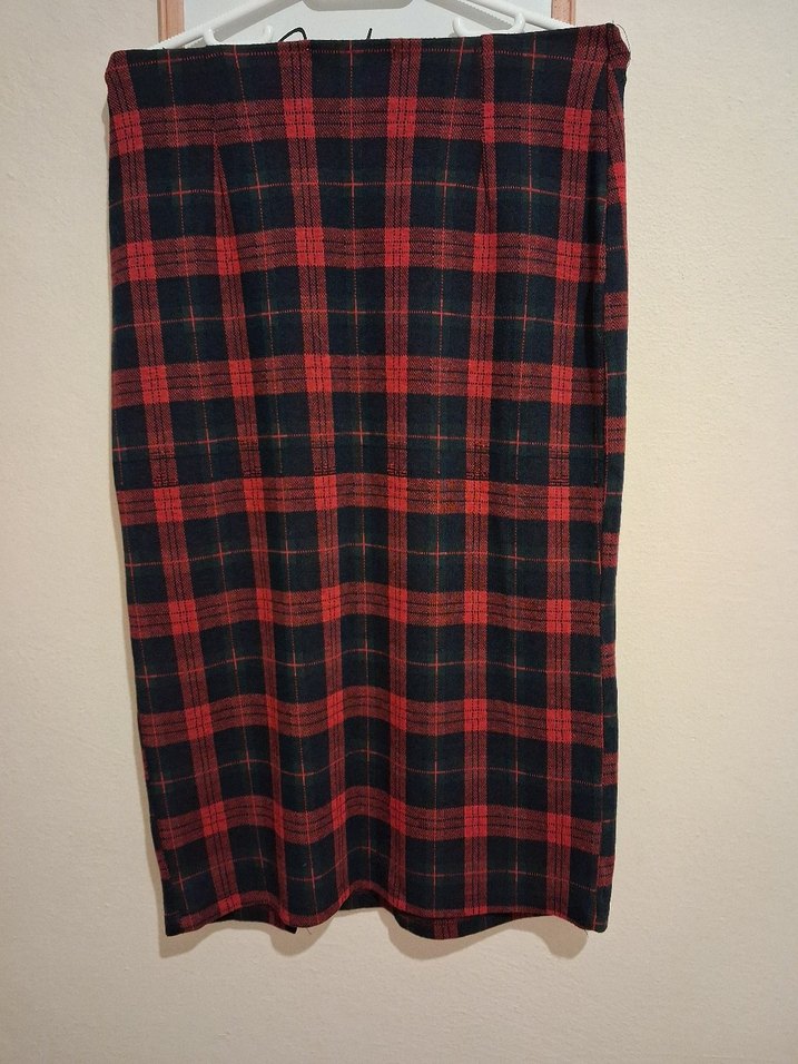 Kırmızı Ekose Midi Pilili Etek - Görsel 2