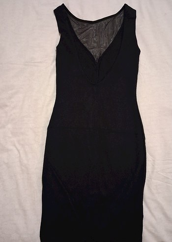 Siyah V Yaka tül ve deri şerit detaylı Elbise - Görsel 4