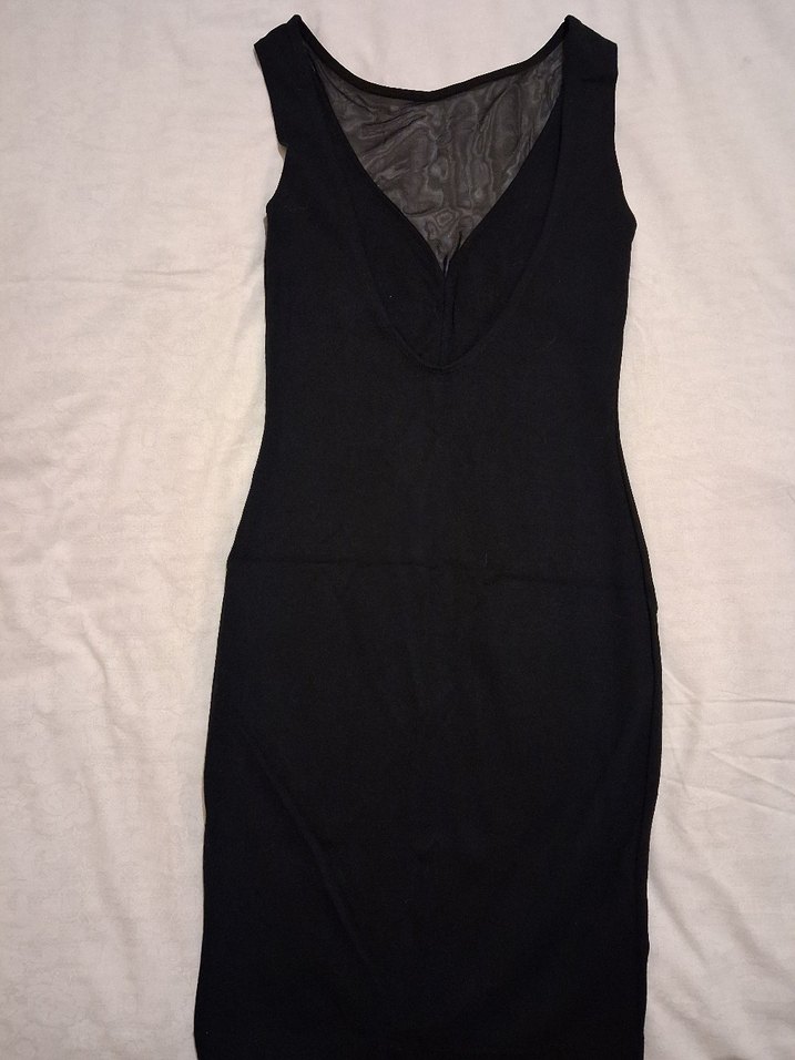 Siyah V Yaka tül ve deri şerit detaylı Elbise - Görsel 4