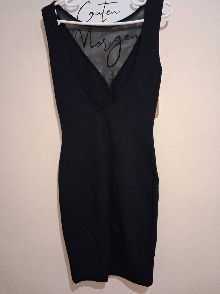 Siyah V Yaka tül ve deri şerit detaylı Elbise - Görsel 2