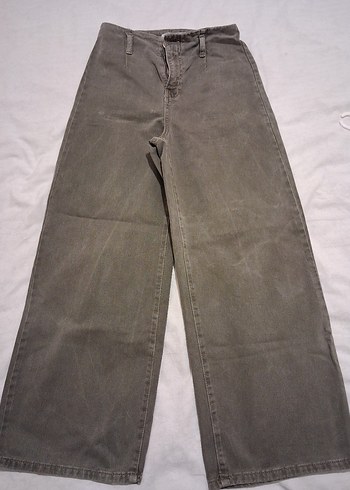 Haki Bol Kesim Midi Denim Kadın Pantolon - Görsel 4