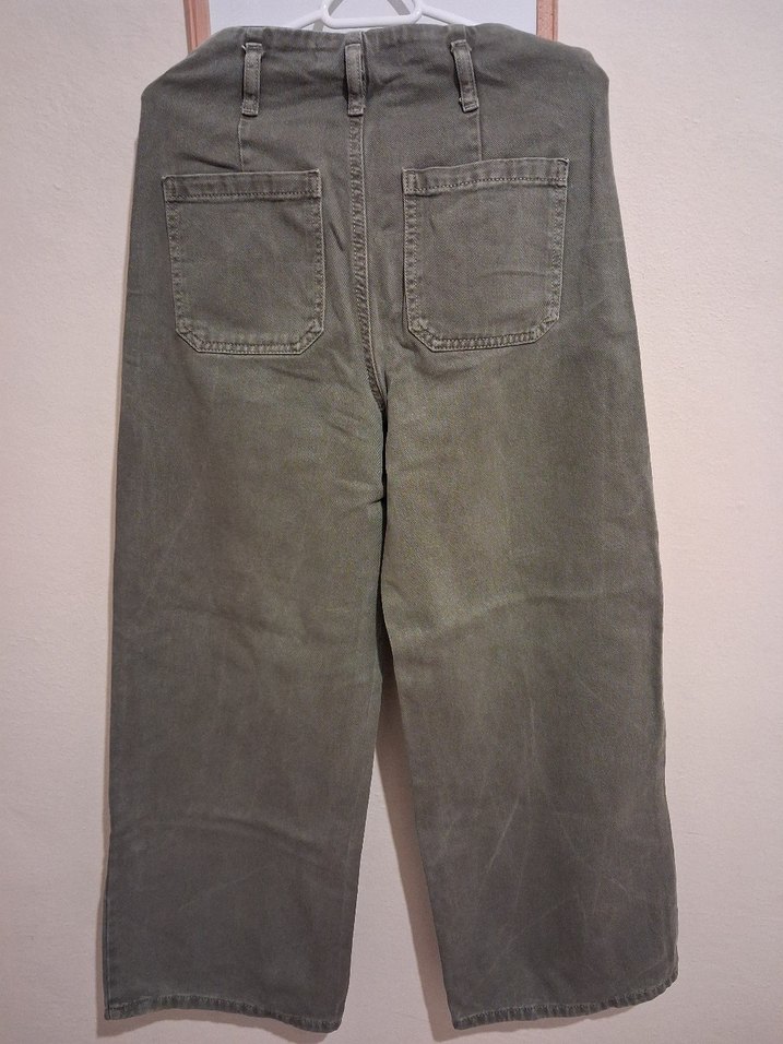 Haki Bol Kesim Midi Denim Kadın Pantolon - Görsel 3