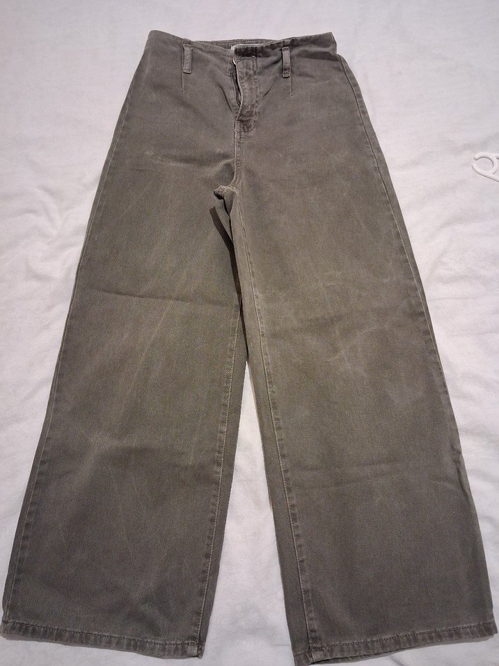 Haki Bol Kesim Midi Denim Kadın Pantolon - Görsel 4