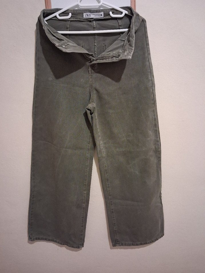 Haki Bol Kesim Midi Denim Kadın Pantolon - Görsel 2