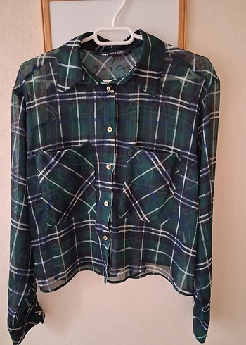 Kadın Yeşil Kareli Düğmeli Gömlek - Görsel 2