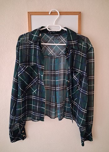 Kadın Yeşil Kareli Düğmeli Gömlek - Görsel 3