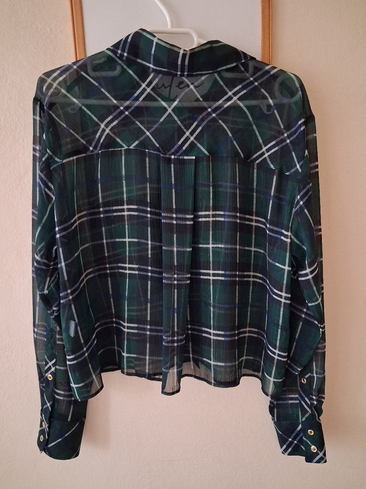 Kadın Yeşil Kareli Düğmeli Gömlek - Görsel 4