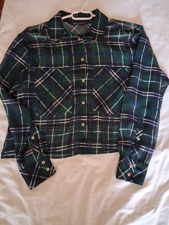 Kadın Yeşil Kareli Düğmeli Gömlek - Görsel 5