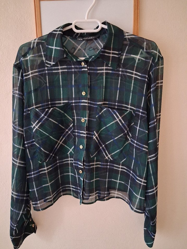 Kadın Yeşil Kareli Düğmeli Gömlek - Görsel 2