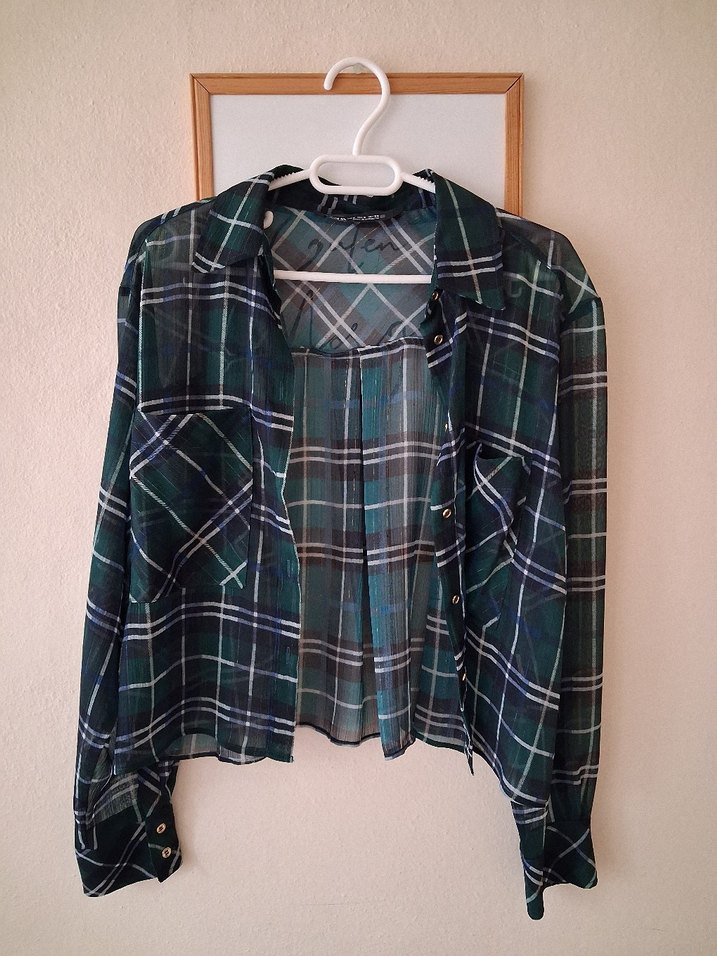 Kadın Yeşil Kareli Düğmeli Gömlek - Görsel 3