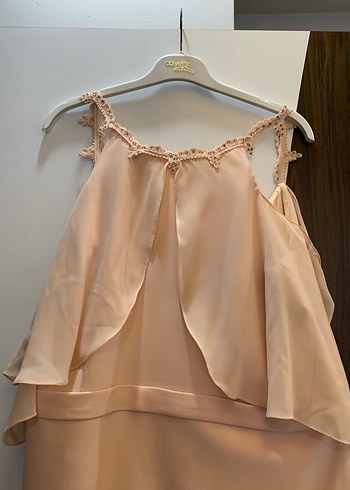 Bej Midi Drapeli Straplez Abiye Elbise - Görsel 3