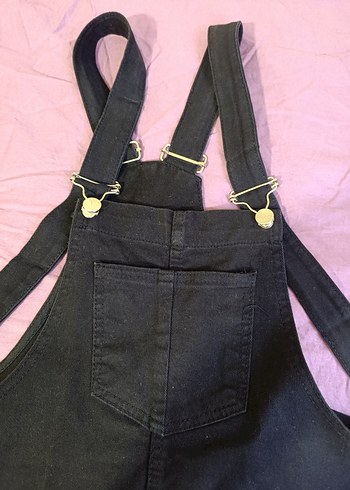 Kadın Siyah Denim Askılı Kısa Tulum