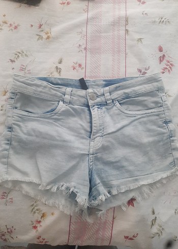 Düğmeli Bağlama Desenli Kısa Mavi Denim Şort