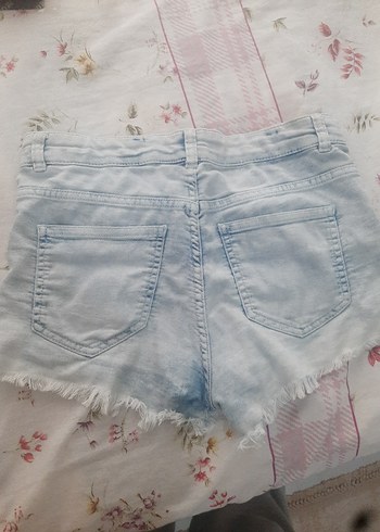 Düğmeli Bağlama Desenli Kısa Mavi Denim Şort