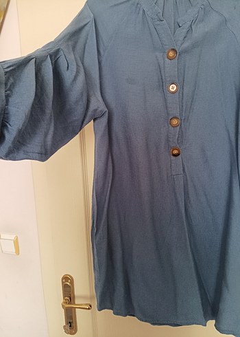 Düğmeli Mavi Hamile Keten Tunik - Görsel 2