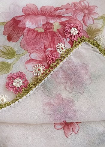 Dantel Kenarlı Pembe Vintage Kadın Fuları - Görsel 4