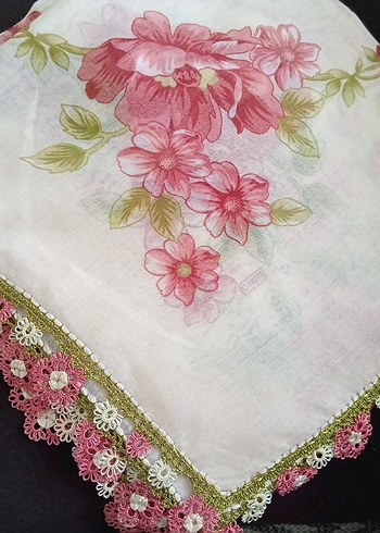 Dantel Kenarlı Pembe Vintage Kadın Fuları - Görsel 2