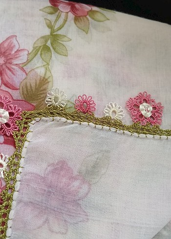 Dantel Kenarlı Pembe Vintage Kadın Fuları - Görsel 3