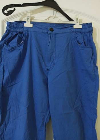 Mavi Kemerli Keten Rahat Kısa Kadın Pantolon - Görsel 2