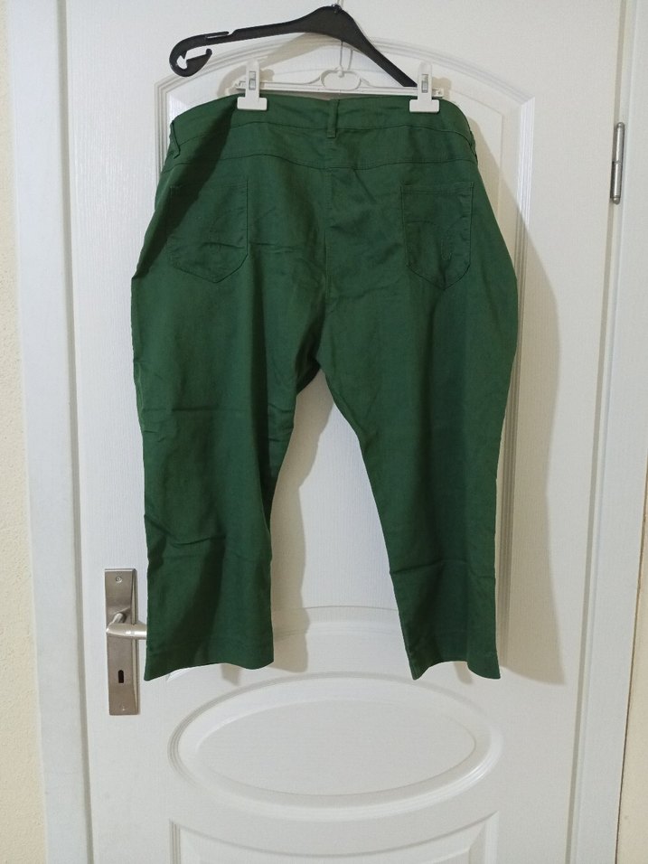 Kemerli Koyu Yeşil Mini Keten Kadın Pantolon - Görsel 5