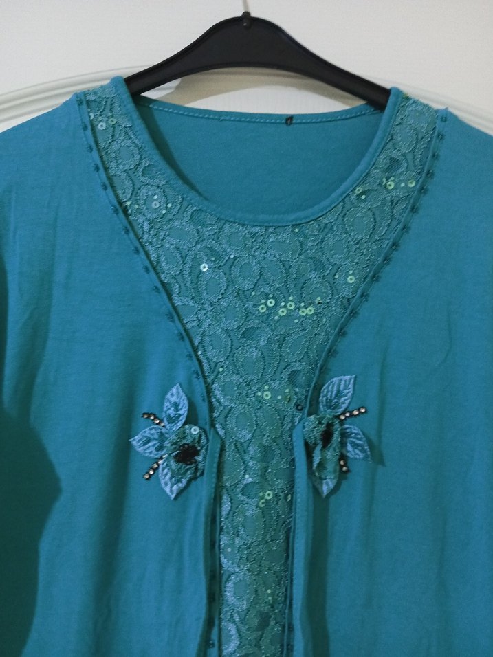Turkuaz Bohem Nakışlı Uzun Kollu Bluz - Görsel 2