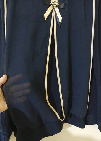 Mavi Saten Uzun Kollu Bluz - Görsel 3