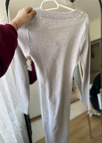 Gri V Yaka Uzun Kollu Triko Elbise - Görsel 2