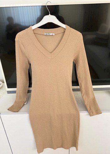 Bej V Yaka Uzun Kollu Triko Midi Elbise - Görsel 2