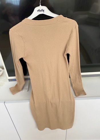 Bej V Yaka Uzun Kollu Triko Midi Elbise - Görsel 4