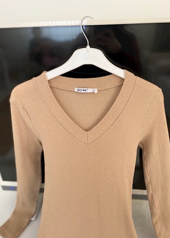 Bej V Yaka Uzun Kollu Triko Midi Elbise - Görsel 3