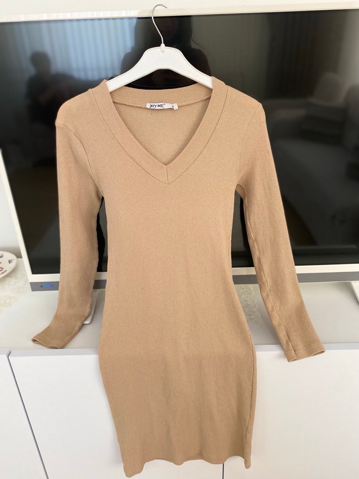 Bej V Yaka Uzun Kollu Triko Midi Elbise - Görsel 2