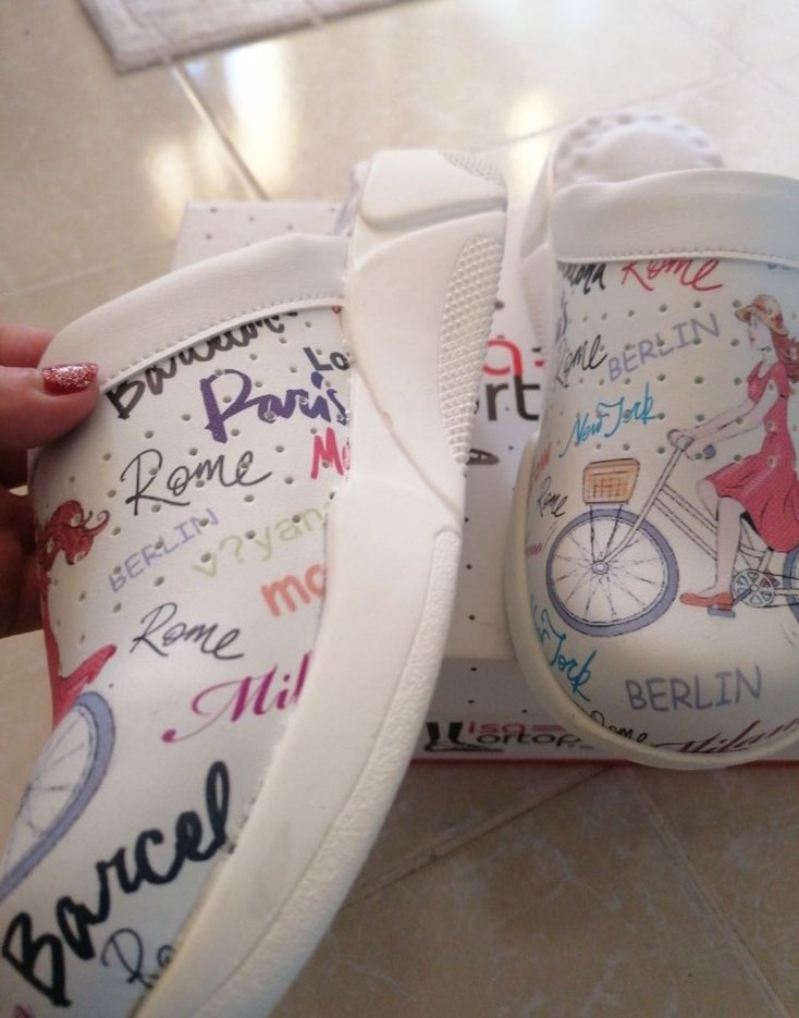 Renkli Baskılı Beyaz Kadın Terlik Velcro - Görsel 5