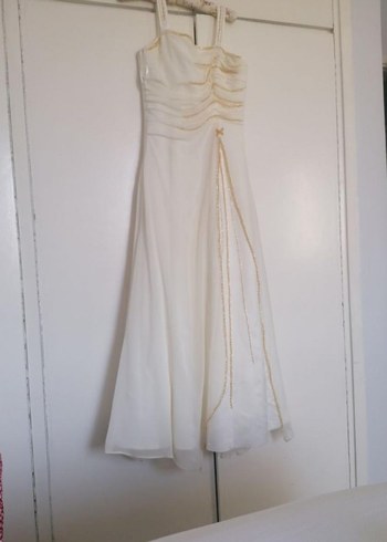 Krem rengi abiye, sarı boncuk işlemeli - Görsel 7