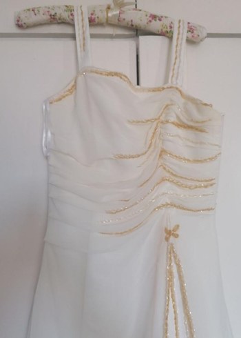 Krem rengi abiye, sarı boncuk işlemeli - Görsel 6