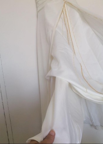 Krem rengi abiye, sarı boncuk işlemeli - Görsel 4