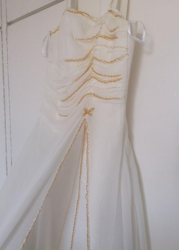 Krem rengi abiye, sarı boncuk işlemeli - Görsel 3