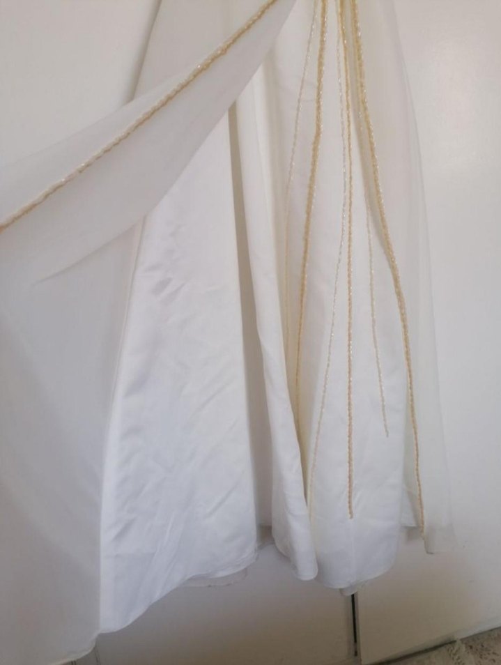 Krem rengi abiye, sarı boncuk işlemeli - Görsel 5