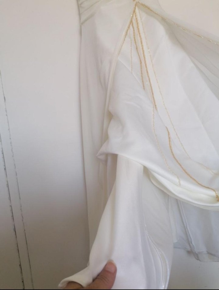 Krem rengi abiye, sarı boncuk işlemeli - Görsel 4