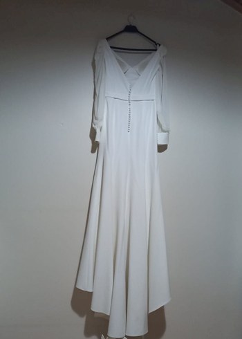 Uzun Kollu V Yaka A Kesim Beyaz Gelinlik - Görsel 2