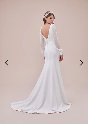 Uzun Kollu V Yaka A Kesim Beyaz Gelinlik - Görsel 3