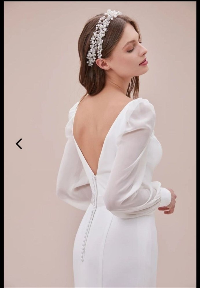 Uzun Kollu V Yaka A Kesim Beyaz Gelinlik - Görsel 4