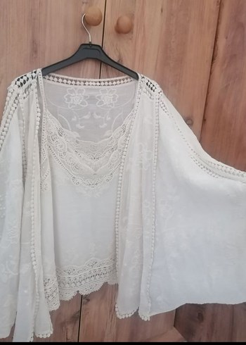 Dantel Detaylı ikili Bohem Beyaz Bluz - Görsel 4