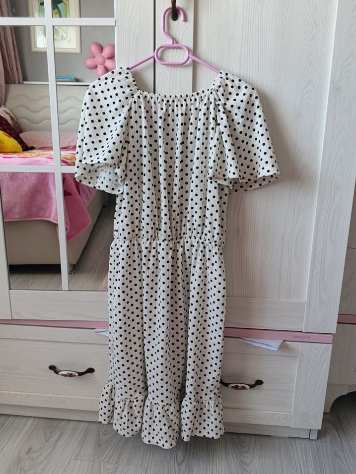 Puantiye Desenli Midi Bohem Elbise - Görsel 3