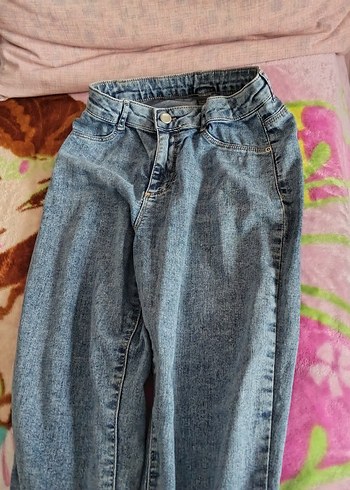 Gri Mavi Bağlama Desenli Düğmeli Kadın Kot Pantolon - Görsel 2