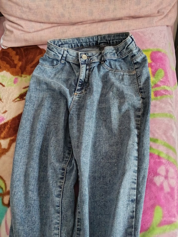 Gri Mavi Bağlama Desenli Düğmeli Kadın Kot Pantolon - Görsel 2