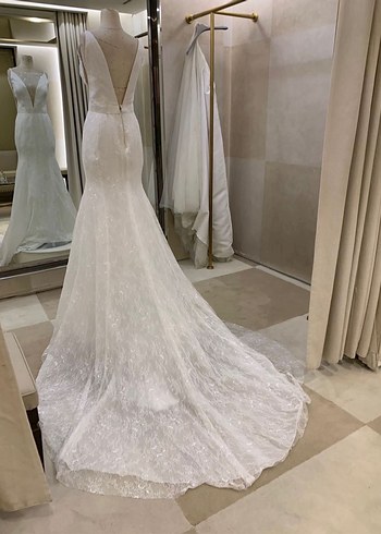 Züleyha Kuru V Yakalı Kolsuz Balık Kesim Beyaz Gelinlik - Görsel 2